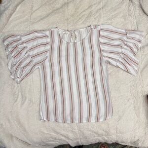 Maurices Women’s XS Cotton Blouse White Tan Blue Stripe Bell Sleeve Keyhole top